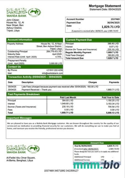 Libia Bank Wahda wyciąg z kredytu hipotecznego szablon Word i PDF